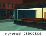 A serene urban scene featuring a dimly lit storefront. The artwork captures the essence of solitude and quietness in a city, emphasizing the interplay of light and shadow.