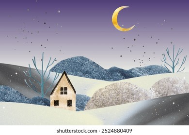 Serene winter landscape collage illustration with crescent moon, snowy hills, and cozy house. The winter snowy scene paper collage illustration, night purple winter sky, moon, house on snowy hills - Powered by Shutterstock