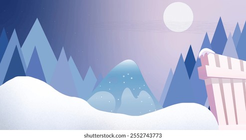 A serene winter landscape depicts snowy mountains under a twilight sky. The scene conveys a peaceful and quiet atmosphere, often associated with winter's tranquility. - Powered by Shutterstock