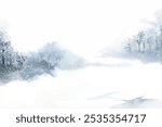 Serene winter landscape with snow, trees, and a misty atmosphere. Snowy scene with trees and mist. Winter landscape with snow and trees. Snowy winter mountain background.