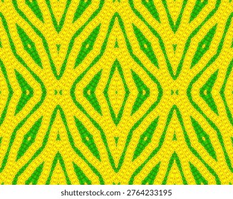 A series of abstract seamless geometric patterns inspired by the vibrant colors of nature, featuring textures of green barley fields and yellow rapeseed flowers in a kaleidoscope symmetry.