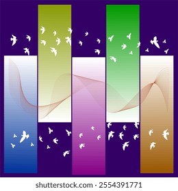 A series of dynamic abstract designs featuring flowing lines, colorful gradients, dynamic birds, and starry motifs. These artworks capture freedom, celebration, and creative expression. - Powered by Shutterstock