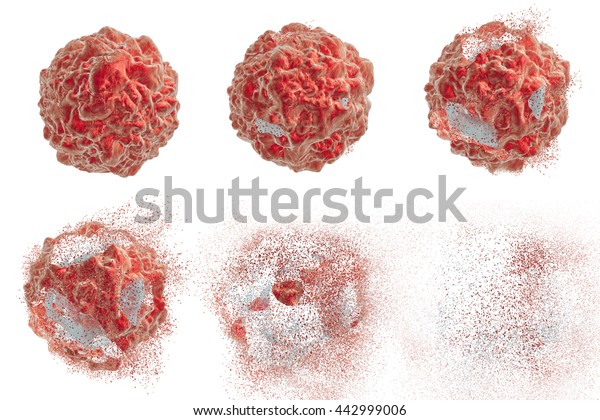 Series of images\
showing different stages of destruction of a tumor cell. 3D\
illustration. Can be used to illustrate effect of drugs, medicines,\
microbes,\
nanoparticles