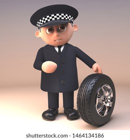 Serious Policeman Police Officer Character Is Checking The Tread Depth Of A Car Tyre, 3d Illustration Render