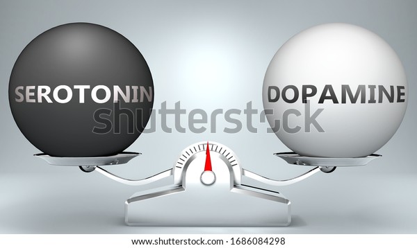Serotonin and dopamine\
in balance - pictured as a scale and words Serotonin, dopamine - to\
symbolize desired harmony between Serotonin and dopamine in life,\
3d\
illustration