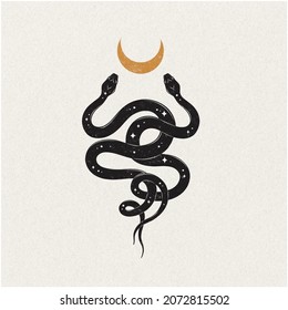 Serpent and moon vintage paper hand drawn illustration spiritual mystic clipart design.