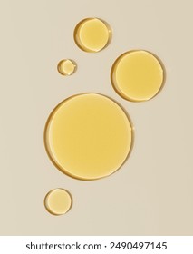 Serum oil sample round shape drops on beige background, 3d rendering vitamin, hyaluronic acids