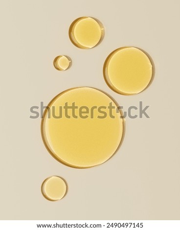 Serum oil sample round shape drops on beige background, 3d rendering vitamin, hyaluronic acids