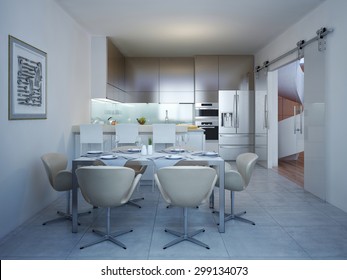 Served dinner table in the kitchen of modern style. Table for six people. A bar and a modern kitchen with sliding doors. 3D render