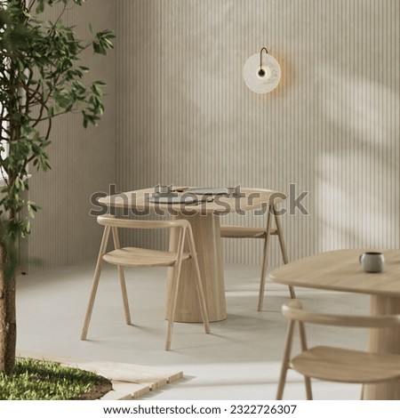Served table in modern cafe interior, wooden furniture, green natural cafe, 3d render