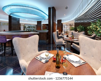 A served table for three persons in a modern bar restaurant. 3d rendering.