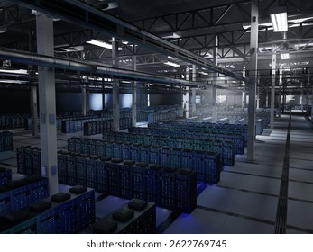 Server cabinets in data center maintaining large scale AI datasets, workflows and model testing. Supercomputers in server farm executing continuous learning and inference, 3D. 3D Illustration