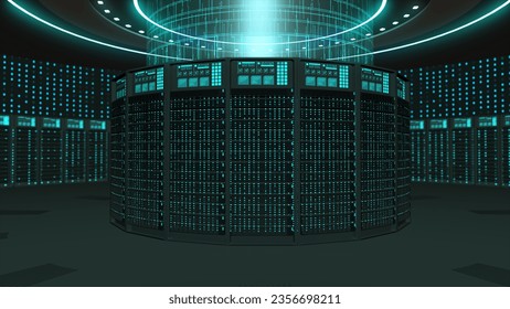 Server cabinets for storage, Data servers in a data center server room, Cloud computing data storage concept, Futuristic digital data network connection technology, 3D Rendering