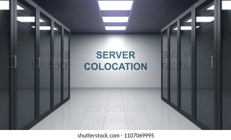 SERVER COLOCATION caption on the wall of a server room. Conceptual 3D rendering