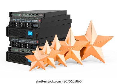 Server Computer Equipment With Five Golden Stars. Customer Rating Of Server Equipment. 3D Rendering Isolated On White Background