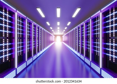 Server computer room with light flare in the pink-purple color theme. 3D illusration rendering.