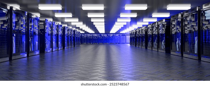 Server. Server data center. Backup, mining, hosting, mainframe, farm and computer rack with storage information. 3d rendering. 3D Illustration