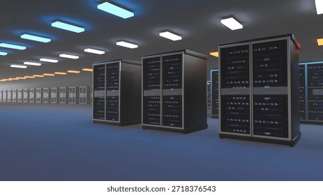 Server. Server data center. Backup, mining, hosting, mainframe, farm and computer rack with storage information. 3d rendering. 3D Illustration