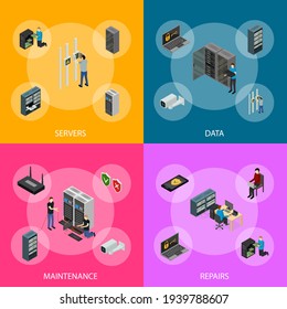 Server Hardware Banner Set Isometric View. illustration of Icon Technology Network Computer