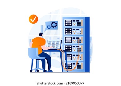 Server maintenance concept with people scene in flat cartoon design. Man working at laptop in server rack hardware room, settings and optimization connection. Illustration visual story for web - Powered by Shutterstock