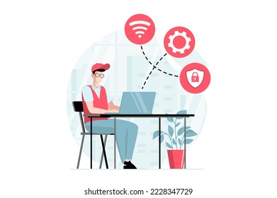 Server maintenance concept with people scene in flat design. Man settings secure wi fi connection on laptop, fixing system and supports software. Illustration with character situation for web - Powered by Shutterstock