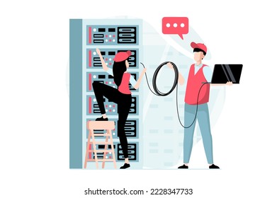 Server maintenance concept with people scene in flat design. Man and woman working as tech engineers team and fixing cables at server racks room. Illustration with character situation for web - Powered by Shutterstock