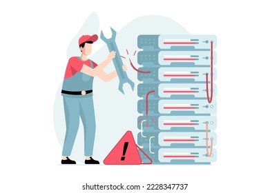 Server maintenance concept with people scene in flat design. Man working as tech engineer and settings and fixing server racks hardware equipment. Illustration with character situation for web - Powered by Shutterstock