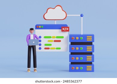 Server Management by Engineer 3D Illustration. Cloud Hosting by Engineer 3D Illustration - Powered by Shutterstock