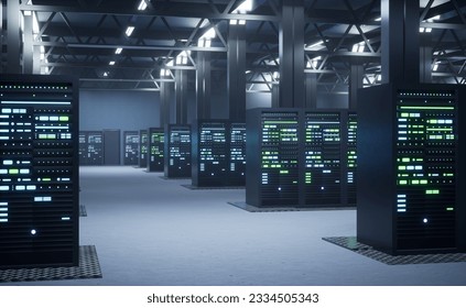 Server rack clusters controlling network resources. High tech workspace delivering immense computational power, capable of processing and storing large amounts of data, 3D render. 3D Illustration - Powered by Shutterstock