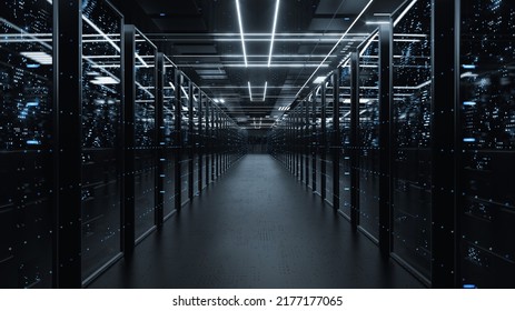 Server Rack security room, data center information technology, quantum computer 3d render background blue light flicker.