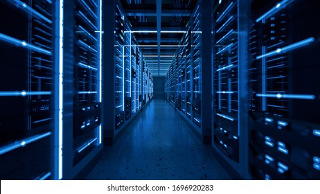 Los racks de servidores en el centro de datos de la sala de servidores de seguridad de la red de equipos. azul oscuro de 3D