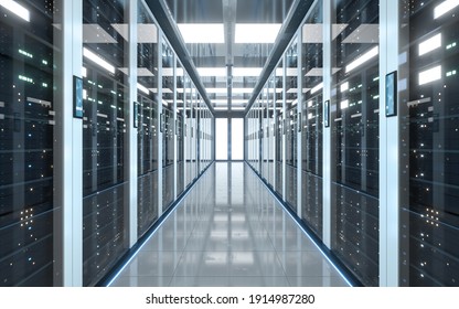 Server racks in computer network security server room data center, 3d rendering. 