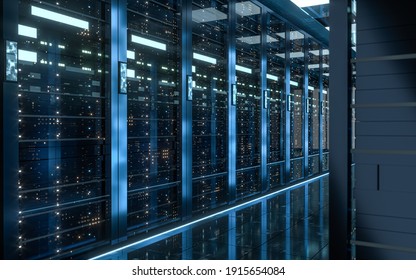 Server racks in computer network security server room data center, 3d rendering. 