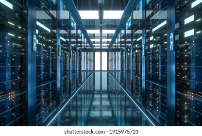 Server Racks In Computer Network Security Server Room Data Center, 3d Rendering. 