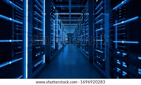 Server racks in computer network security server room data center. 3D render dark blue Stock foto © 