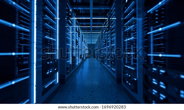 Server racks in computer network\
security server room data center. 3D render dark\
blue