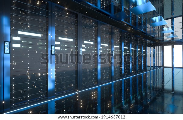Server racks in computer network security\
server room data center, 3d rendering.\

