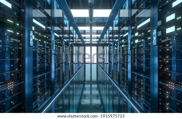 Server racks in computer network security\
server room data center, 3d rendering.\
