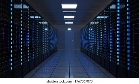 Server racks in a data center. 3d illustration.