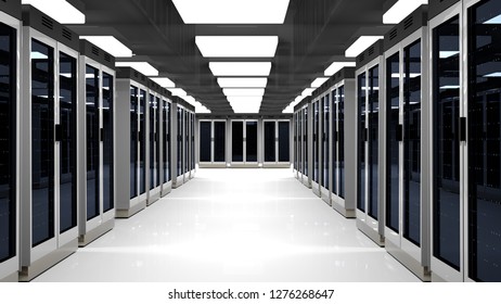 Server racks in server room cloud data center. Datacenter hardware cluster. 3d render. Backup, hosting, mainframe, farm and computer rack with storage information. 3D rendering. 3D illustration