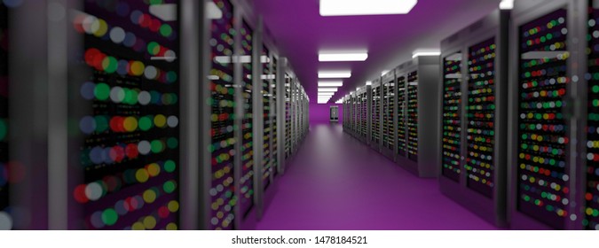 Server racks in server room cloud data center. Exit door. Datacenter hardware cluster. Backup, hosting, mainframe, farm and computer rack with storage information. 3D rendering. 3D illustration