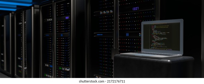 Server. Server racks in server room cloud data center. Datacenter hardware cluster. Backup, hosting, mainframe, mining, farm and computer rack with storage information. 3d illustration