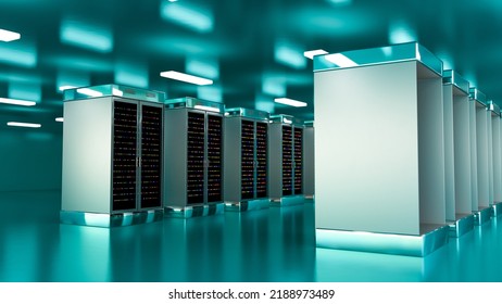 Server. Server Racks In Server Room Cloud Data Center. Datacenter Hardware Cluster. Backup, Hosting, Mainframe, Mining, Farm And Computer Rack With Storage Information. 3d Illustration