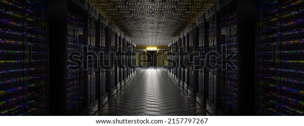 Server. Server\
racks in server room cloud data center. Datacenter hardware\
cluster. Backup, hosting, mainframe, mining, farm and computer rack\
with storage information. 3d\
illustration