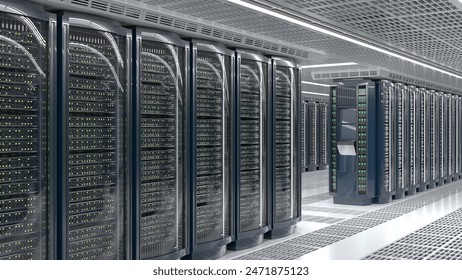 Server racks in a server room data center. 3d illustration