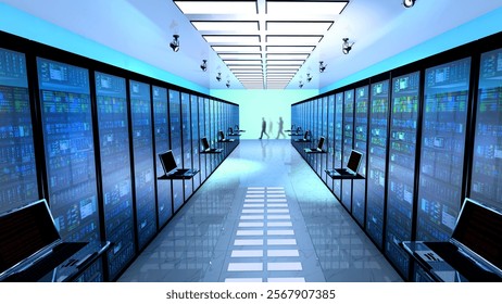 Server racks with technicians walking in modern data center corridor.3d rendering