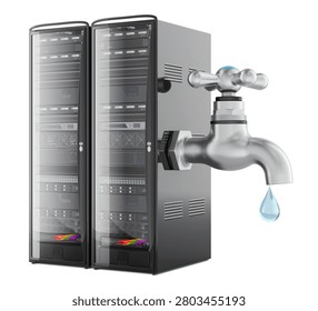 Server racks with water tap, data center cooling and water usage concept. 3D rendering isolated on white background