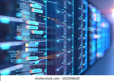 Server Room 3d Illustration With Node Base Programming Data  Design Element.concept Of Big Data Storage And  Cloud 
Computing Technology.

