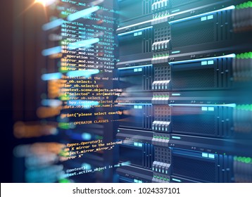 Server Room 3d Illustration With Node Base Programming Data  Design Element.concept Of Big Data Storage And  Cloud Computing Technology.

