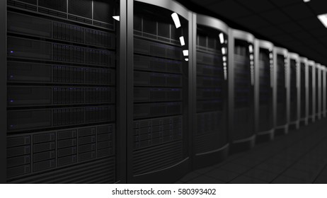 Server room 3D rendering, shallow focus. Cloud technologies, ISP, corporate IT, ecommerce business concepts
